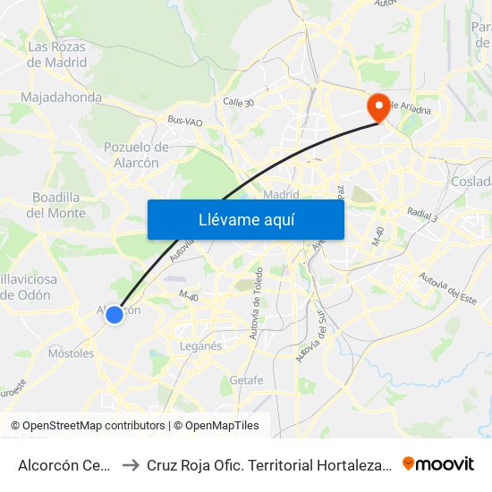 Alcorcón Central to Cruz Roja Ofic. Territorial Hortaleza-Madrid map