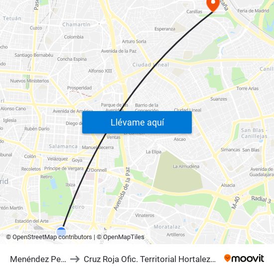 Menéndez Pelayo to Cruz Roja Ofic. Territorial Hortaleza-Madrid map