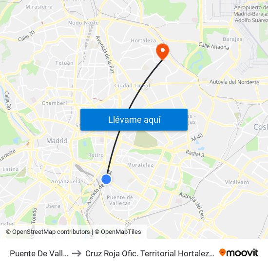 Puente De Vallecas to Cruz Roja Ofic. Territorial Hortaleza-Madrid map