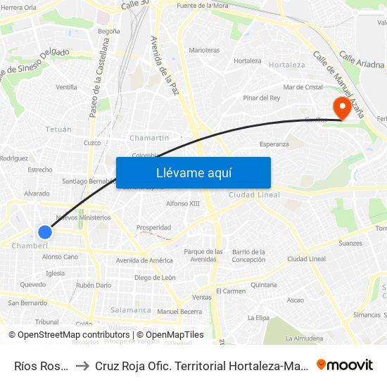 Ríos Rosas to Cruz Roja Ofic. Territorial Hortaleza-Madrid map