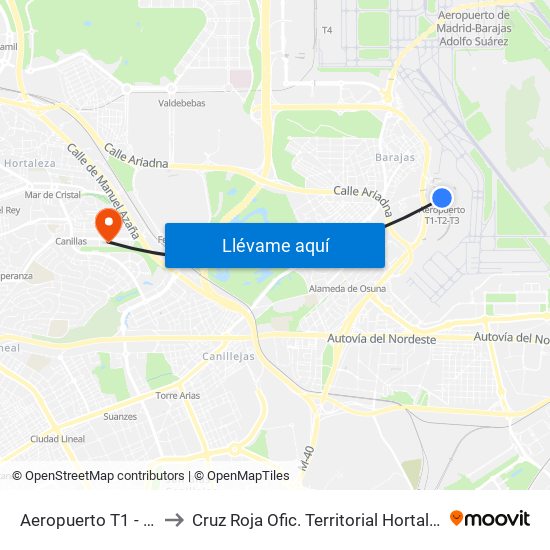 Aeropuerto T1 - T2 - T3 to Cruz Roja Ofic. Territorial Hortaleza-Madrid map