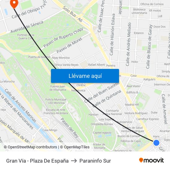 Gran Vía - Plaza De España to Paraninfo Sur map