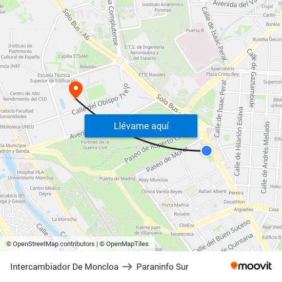 Intercambiador De Moncloa to Paraninfo Sur map