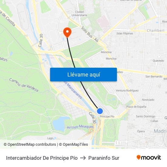 Intercambiador De Príncipe Pío to Paraninfo Sur map