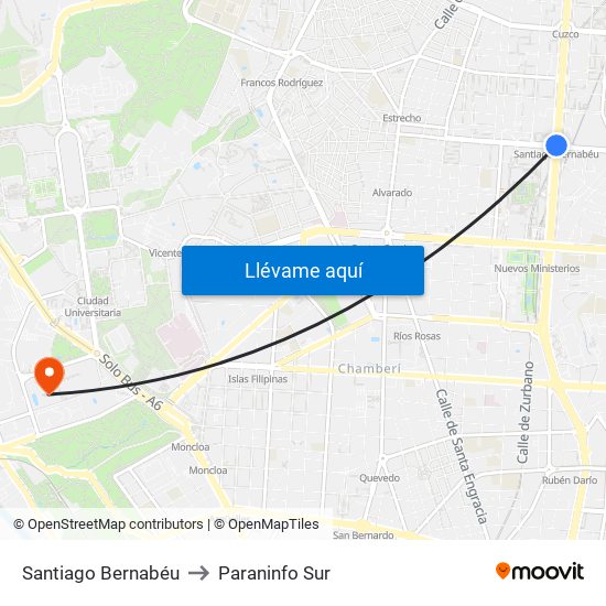 Santiago Bernabéu to Paraninfo Sur map