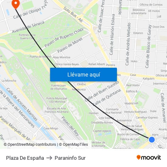 Plaza De España to Paraninfo Sur map