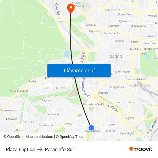 Plaza Elíptica to Paraninfo Sur map