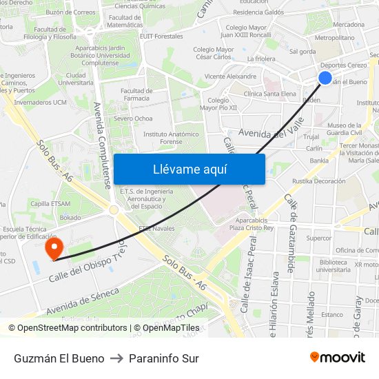 Guzmán El Bueno to Paraninfo Sur map