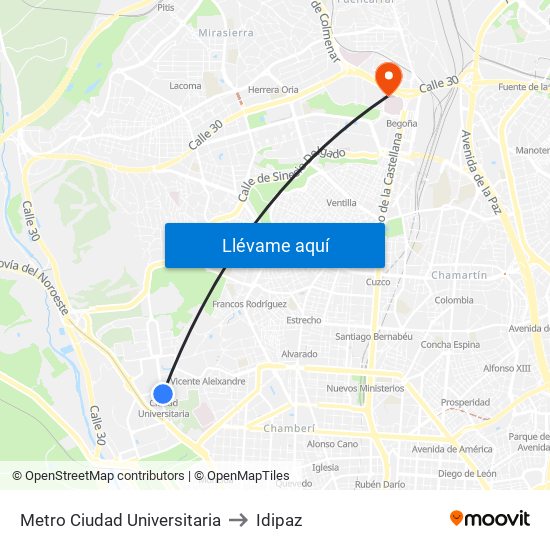 Metro Ciudad Universitaria to Idipaz map