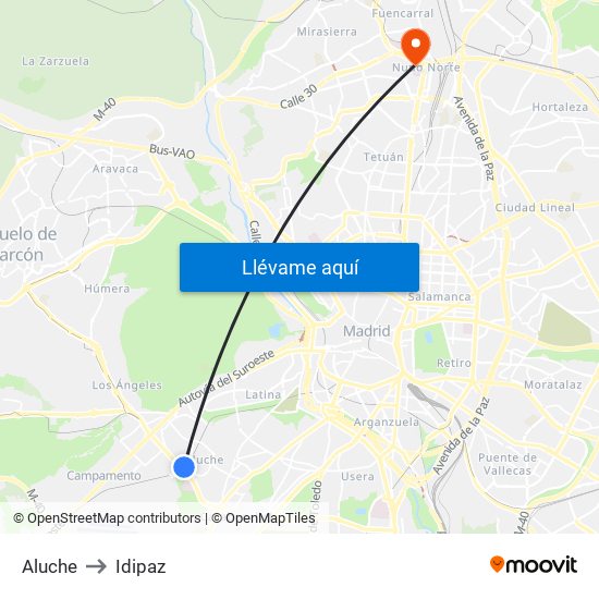 Aluche to Idipaz map