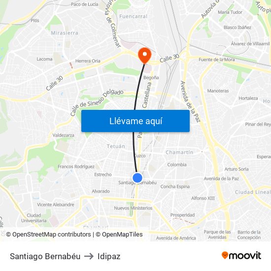 Santiago Bernabéu to Idipaz map