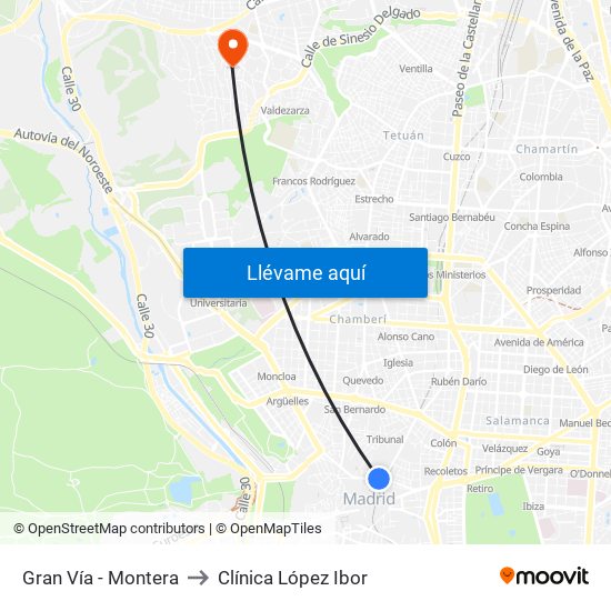 Gran Vía - Montera to Clínica López Ibor map