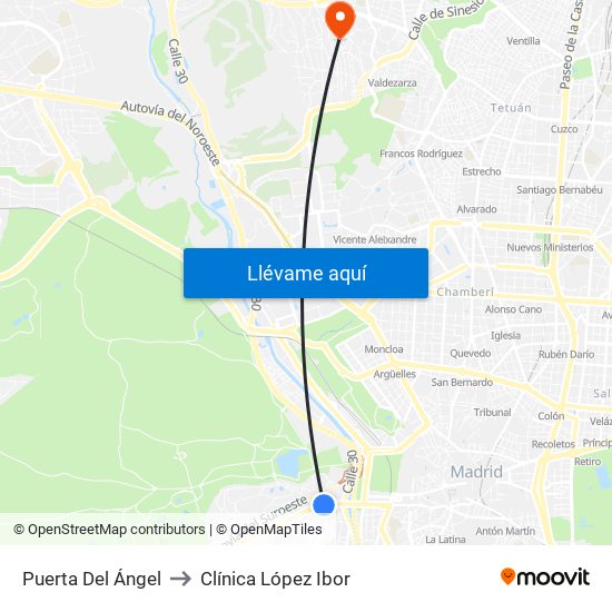 Puerta Del Ángel to Clínica López Ibor map