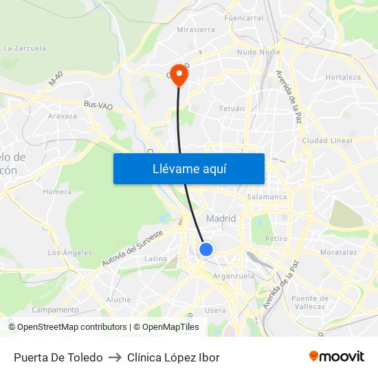 Puerta De Toledo to Clínica López Ibor map
