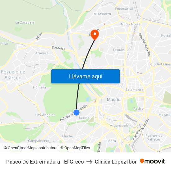Paseo De Extremadura - El Greco to Clínica López Ibor map