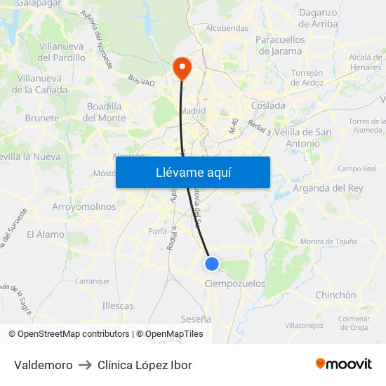 Valdemoro to Clínica López Ibor map