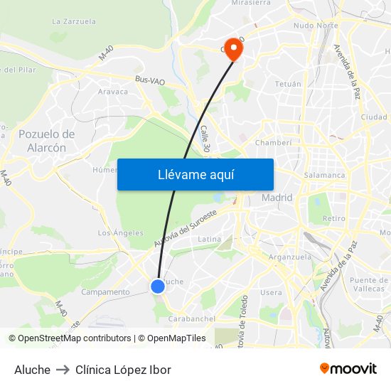 Aluche to Clínica López Ibor map