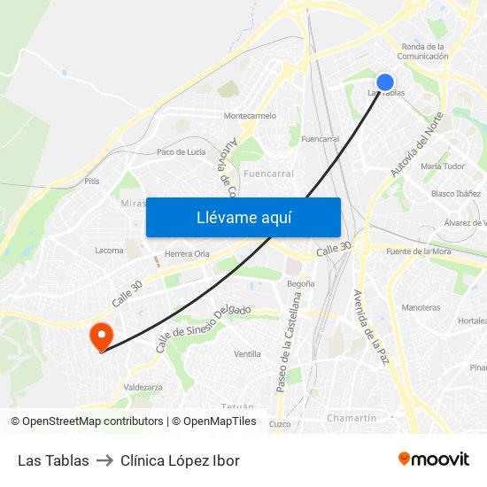 Las Tablas to Clínica López Ibor map