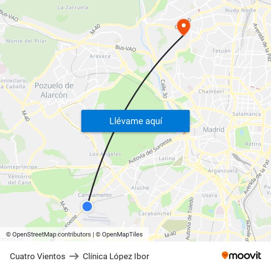 Cuatro Vientos to Clínica López Ibor map