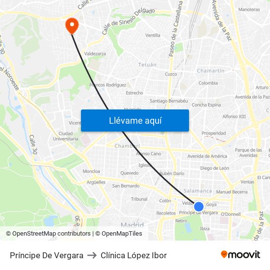 Príncipe De Vergara to Clínica López Ibor map