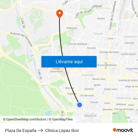 Plaza De España to Clínica López Ibor map