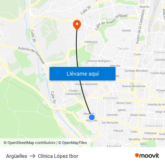 Argüelles to Clínica López Ibor map