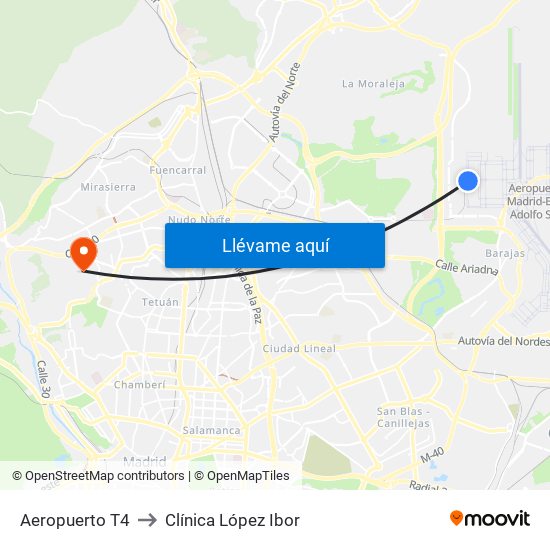 Aeropuerto T4 to Clínica López Ibor map