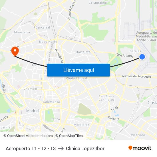 Aeropuerto T1 - T2 - T3 to Clínica López Ibor map