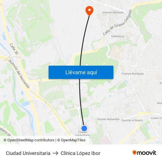 Ciudad Universitaria to Clínica López Ibor map