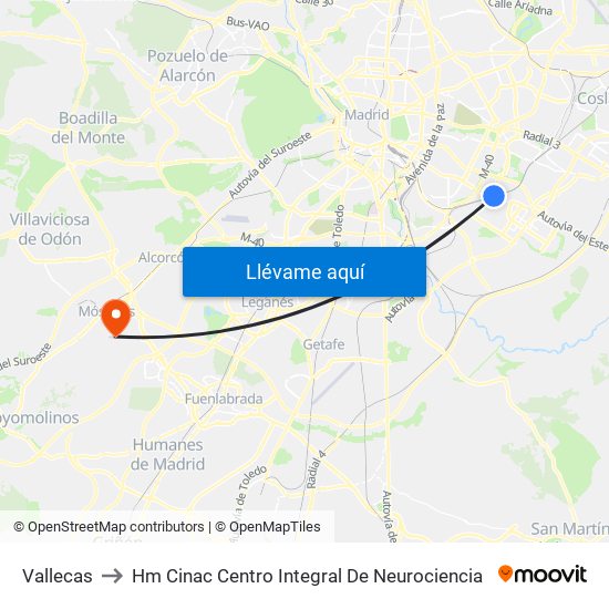 Vallecas to Hm Cinac Centro Integral De Neurociencia map