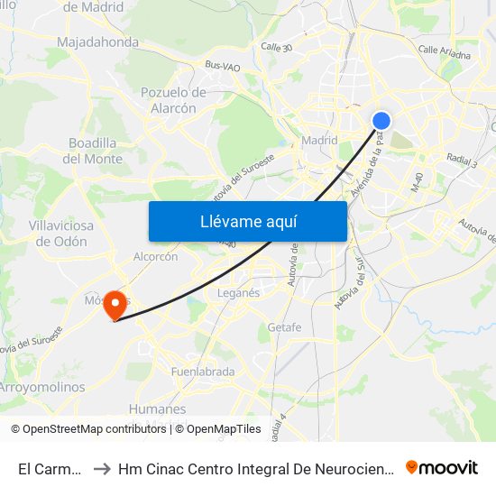 El Carmen to Hm Cinac Centro Integral De Neurociencia map