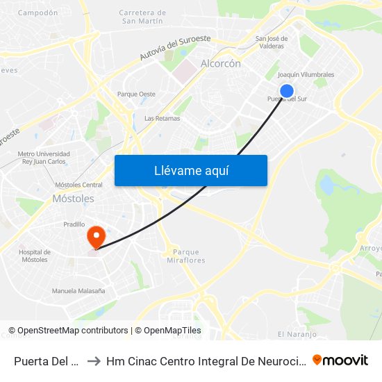 Puerta Del Sur to Hm Cinac Centro Integral De Neurociencia map