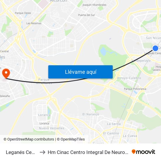 Leganés Central to Hm Cinac Centro Integral De Neurociencia map