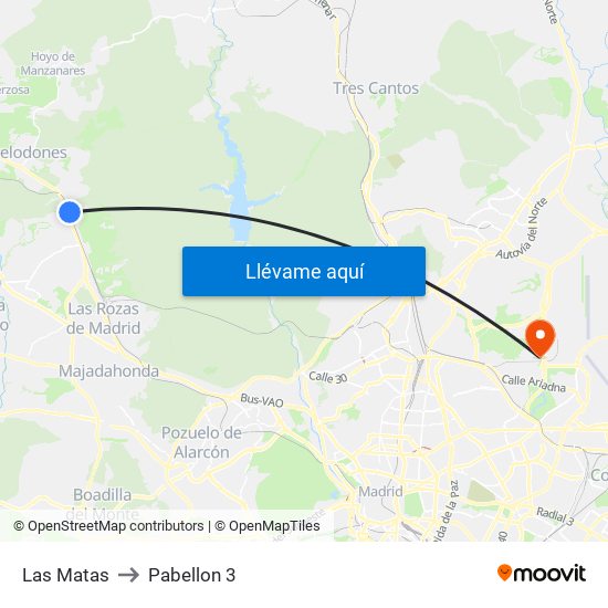 Las Matas to Pabellon 3 map