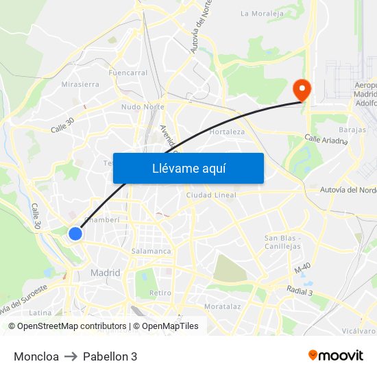 Moncloa to Pabellon 3 map