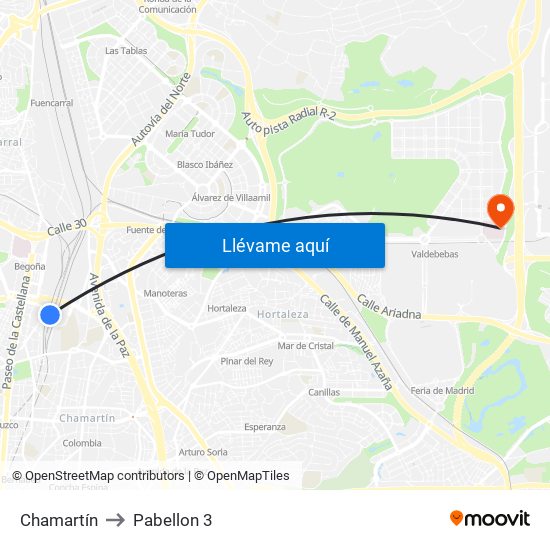 Chamartín to Pabellon 3 map