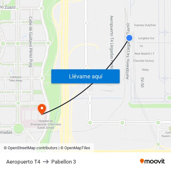 Aeropuerto T4 to Pabellon 3 map