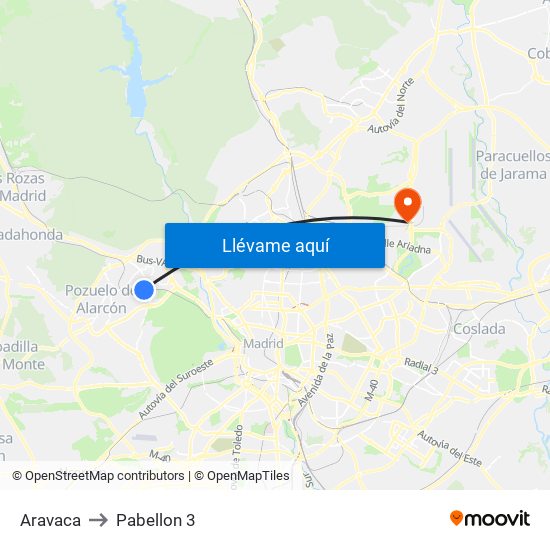 Aravaca to Pabellon 3 map