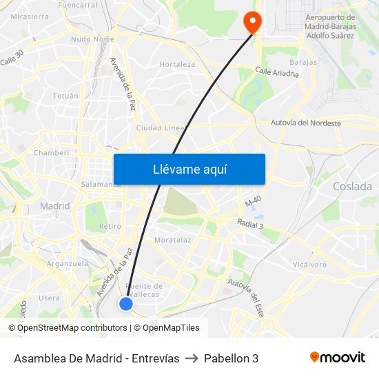 Asamblea De Madrid - Entrevías to Pabellon 3 map