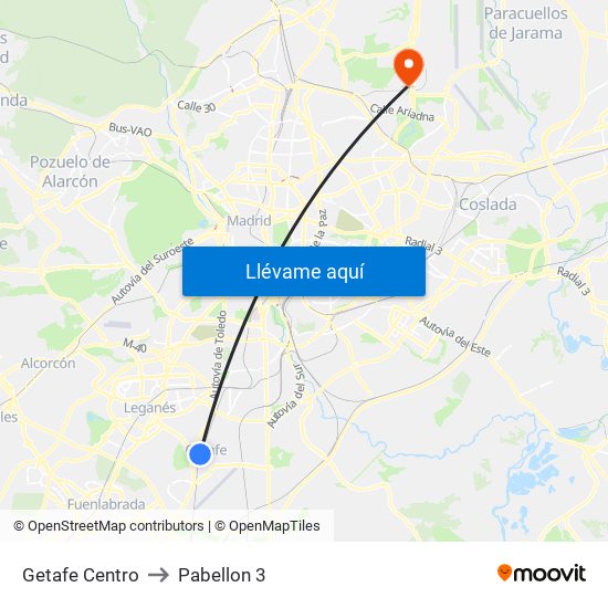 Getafe Centro to Pabellon 3 map