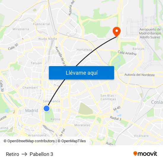Retiro to Pabellon 3 map