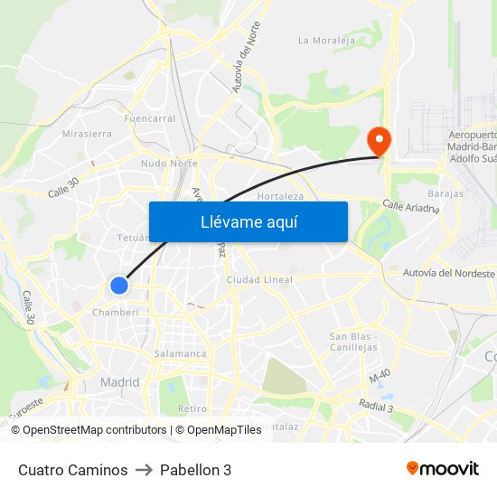 Cuatro Caminos to Pabellon 3 map