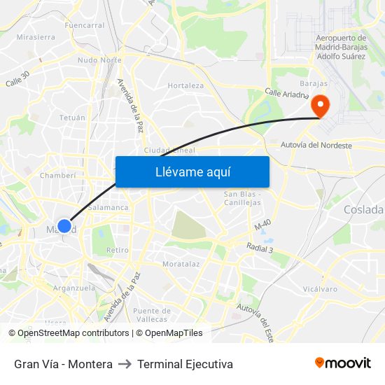 Gran Vía - Montera to Terminal Ejecutiva map