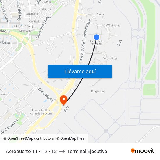 Aeropuerto T1 - T2 - T3 to Terminal Ejecutiva map