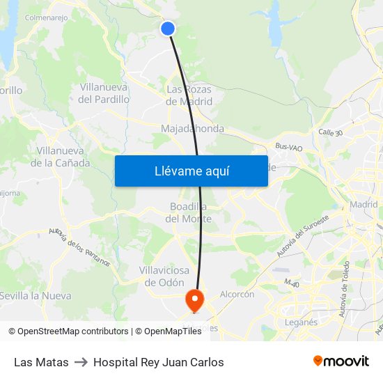Las Matas to Hospital Rey Juan Carlos map