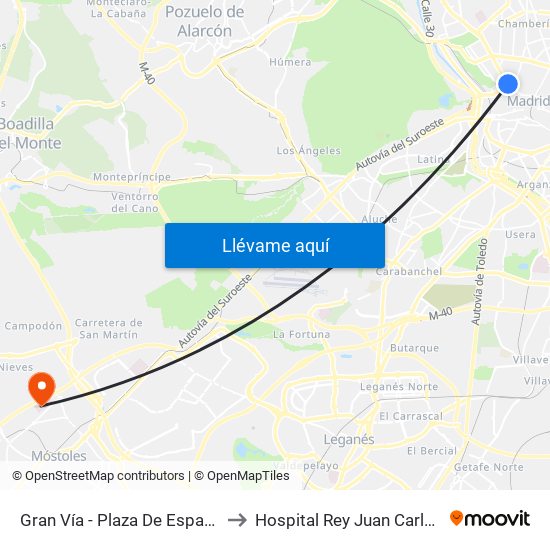 Gran Vía - Plaza De España to Hospital Rey Juan Carlos map