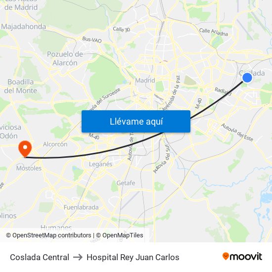 Coslada Central to Hospital Rey Juan Carlos map