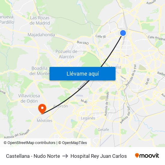 Castellana - Nudo Norte to Hospital Rey Juan Carlos map