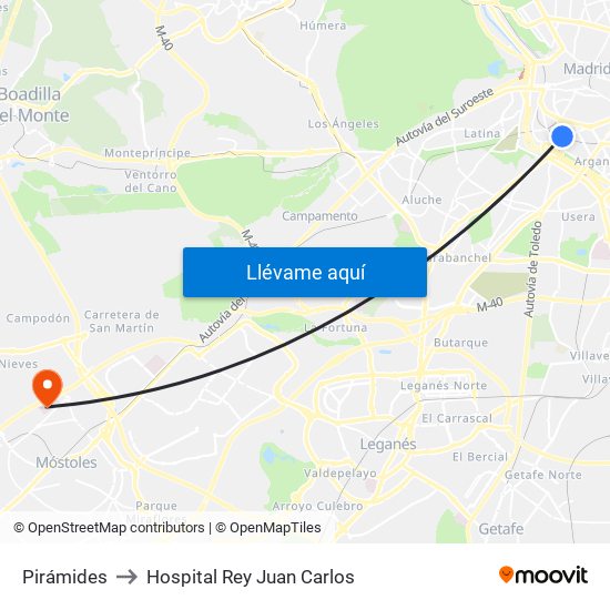 Pirámides to Hospital Rey Juan Carlos map