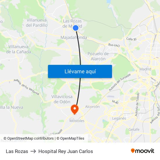 Las Rozas to Hospital Rey Juan Carlos map